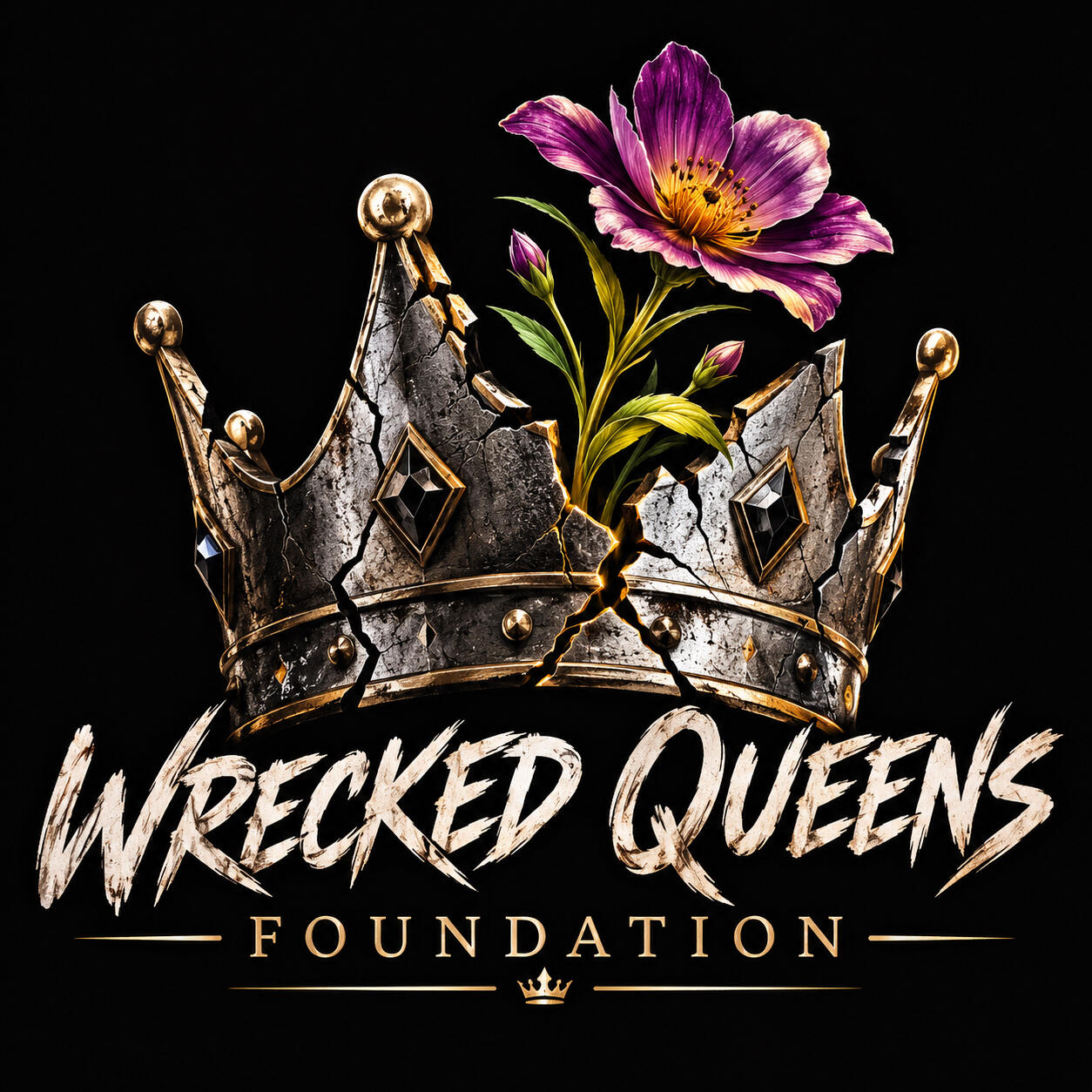 WQF Logo A broken crown with a flowering blooming out of it. Underneath it reads Wrecked Queens Foundation.